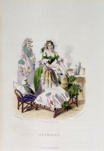Personifiering av medicinalväxten Marshmallow som behandlar en groda - i "" Animerade blommor"" av Grandville av Grandville