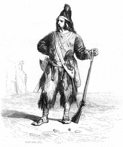 Porträtt av Robinson Crusoe på sin öde ö med geväret och diverse vapen i bältet - Grandville-illustration till Daniel Defoes roman (De Foe) - Garnier-utgåva 1869 s 155.