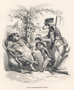 Fox stannade av en hund. Miniatyrer illustrerade av JJ Granville. Gravyr signerad Godard i delen med titeln "En räv fångad" skriven av Charles Nodier i "Scener från djurens privata och offentliga liv". Paris, J. Hetzel och Paulin av Grandville