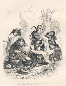 Rävar som äter ägg a la coq framför en gråtande höna. Vignetter illustrerade av JJ Granville. Gravyr signerad Godard i delen "Un renard pris au piege" skriven av Charles Nodier i "Scenes de la vie privee et publique des animaux". av Grandville