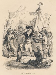 Vargarnas revolution och vargens frihet och rättigheter. Illustrerade vinjetter av JJ Granville. Gravyr signerad Godard i delen "Voyage d