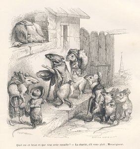 Mus som ger välgörenhet till en gris. Vignetter illustrerade av JJ Granville. Gravyr signerad Andrew, Best och Leloir i delen "Le rat philosophe" skriven av Edouard Lemoine i "Scenes de la vie privee et publique des animaux". Paris, J. Hetz av Grandville
