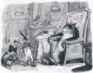 Katten, vesslan och den lilla kaninen (Le chat, la belette et le petit lapin) - Fables av La Fontaine av Grandville