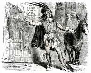 Charlatanen: La Fontaines fabel illustrerad av Grandville. Edition Garnier 1860. Den här skepparen gör det svårt att få alla åsnor att bli vetenskapsmän.