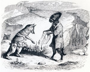 Det sjuka lejonet och räven (Le lion malade et le renard) - Fabler av La Fontaine av Grandville