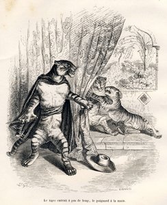 Tiger kommer in på scenen med dolk i handen. Vinjetter illustrerade av JJ Granville. Gravyr signerad Godard i delen med titeln "Den första pistolserien" skriven av Jules Janin i "Scener av djurens privata och offentliga liv". Paris, J.H av Grandville