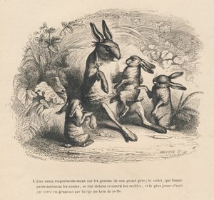 Ni kaninbarn som lyssnar på sin skadade farfar berätta historier. Miniatyrer illustrerade av JJ Granville. Gravyr signerad Breviere i delen "Berättelsen om en hare" skriven av PJ Stahl i "Scener ur djurens privata och offentliga liv". Paris av Grandville