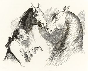Gulliver samtalar med talande hästar i Houyhnhnms Land från Gullivers Travels av Jonathan Swift av Grandville