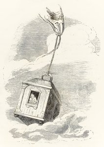Gulliver flyr Brobdingnag när hans låda grips av en örn som tappar den i havet, från Gullivers Travels av Jonathan Swift av Grandville