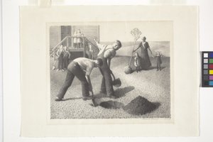 Trädplanteringsgrupp (litografi) av Grant Wood
