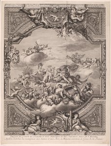 Apollo delar ut belöningar och Minerva kröner Frankrikes geni Apollon distirbuë des recompenses aux Sciences et aux Arts, et Minerve couronne le Genie de la France (titel på objekt) Takmålningar i slottet i Versailles (serietitel) av Gérard Audran