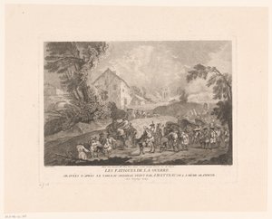 Landskap med en grupp soldater som marscherar med Les Fatigues de la Guerre (titel på objekt) Tryck efter Antoine Watteau (serietitel) L