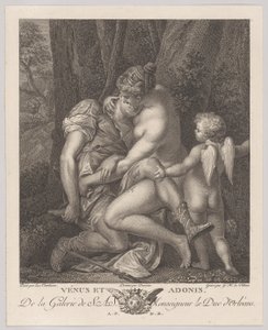 Venus som sörjer Adonis, sitter under ett träd och omfamnar honom, med Amor till höger, c..., ca. 1786. av Gérard René Le Vilain