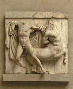 En lapith som dödar en kentaur, metope XXVII från södra sidan av Parthenon, 447-432 f.Kr. (marmor)