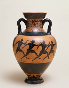En attisk svartfigurs amfora av panathenaisk form med fyra nakna idrottare som spurtar till höger, 500-talet f.Kr. av Greek