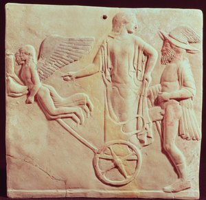 Afrodite och Hermes rider på en vagn som dras av Eros och Psyche, 470 f.Kr. (terrakotta) av Greek