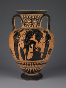 Atensk atisk amfora med svarta figurer med Herakles som bär den erymantiska galten, ca 510 f.Kr. (terrakotta)