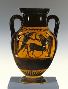 Attens attiska panelamfora med svart figur av typ B med Herakles som attackerar kentauren, 530-20 f.Kr. (terrakotta)