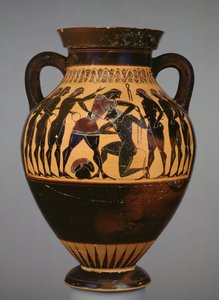 Attisk svart-figur amfora som visar Theseus och Minotaurus observerad av sex ungdomar (keramik)