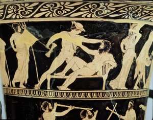 Attic röd-figur calyx-krater dekorerad med scener av Theseuss äventyr, detalj av Theseus och jätten Procrustes, av Dinos Målaren, c.425 BC keramik av Greek