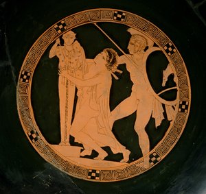 Attisk kopp med röd figur föreställande Kassandra som jagas av Ajax och söker skydd vid en xoanon av Athena, ca 430 f.Kr. (keramik) av Greek