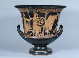 Attic röd-figur calyx krater föreställande en hoplit på väg till kriget (keramik) (se även 223268)
