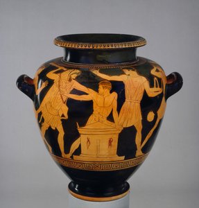Attisk stamnos med rödfigur dekorerad med Herakles och Busiris, Egyptens kung, av en sen efterföljare till Berlinmålaren, från Vulci, ca 470-460 f.Kr. (keramik).