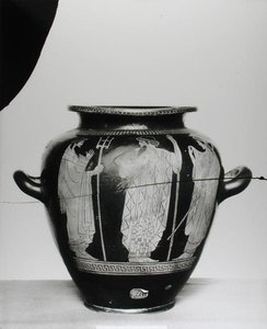 Attic rödfigur stamnos föreställande Poseidon, Zeus och Hera, 525-400 f.Kr. (keramik) av Greek