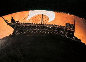 Antik kopp med svart figur med representation av ett grekiskt skepp. 500-talet f.Kr. BN, Paris. av Greek