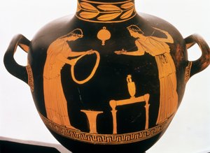 Detalj från en vinds rödfigur Hydria (keramik)
