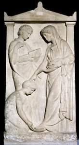 Grekisk konst: "" En piga hjälper sin älskarinna att ta av sin sandal"" Reliefstrumpor i marmor från 300-talet f.Kr. Aten, Arkeologiska museet av Greek