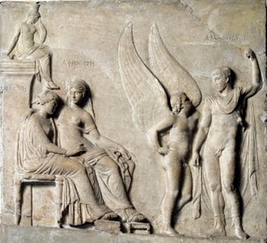 Grekisk konst: "" Prinsen av Sparta Paris seduit Helene av Troja, Afrodite är representerad""" Marmorrelief från ett grekiskt original. 1:a århundradet f.Kr. Museo Archeologico Nazionale, Neapel - Paris, prins av Sparta och Helen av Troja, med Afrodite - M av Greek
