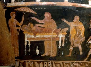 Grekisk konst: Vase of Arhemore: The Funeral of Arhemore (Opheltes) Målning av målaren av Darius. Från Ruvo. 4:e århundradet f.Kr. Nationella arkeologiska museet, Neapel av Greek