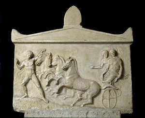 Grekisk konst: relief tillägnad Hermes och nymferna: Quadrige av Echelos som tar bort basilika. 420-410 f.Kr. Aten, Arkeologiska museet av Greek