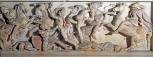 Grekisk konst: "" sarkofag av Alexander den store (356-323 f.Kr.)"" Vy över relieferna som representerar slaget vid Issos 333 f.Kr. mellan grekerna och perserna. Från den feniciska nekropolen i Sidon. 4:e århundradet f.Kr. Dämpa. 195 x 318 x167 cm Istanbul av Greek