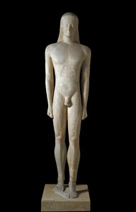 Grekisk konst: staty av Kouros, skulptur av ung man från den arkaiska perioden (650-500 f.Kr.), 530-520 f.Kr., Från Melos, Dim. 1,94 m - Aten, National Archaeological Museum - Kouros - Arkaisk grekisk skulptur (650-500 f.Kr.), från Melos, 530-520 f.Kr. (H.