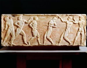 Grekisk civilisation, Stele som föreställer idrottare på gymnastiksal, från Kerameikos nekropol i Aten, Grekland, 510 f.Kr. av Greek