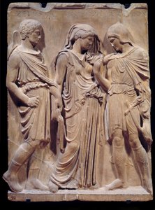 Grekisk antikvitet: Orphees farväl till Eurydice som Hermes är beredd att föra tillbaka till helvetet. Inskriptionen som ger namnen Zethus, Antiope och Amphion går tillbaka till renässansen. Låg marmorrelief. 480-323 f.Kr. Sön 1,2 m Paris, Musée du Louv av Greek