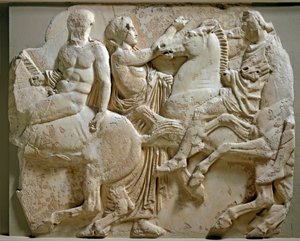 Grekisk konst: "" ryttare""" fris av parthenon. Reliefstrumpor i marmor. 447-432 f.Kr. Aten, Akropolismuseet