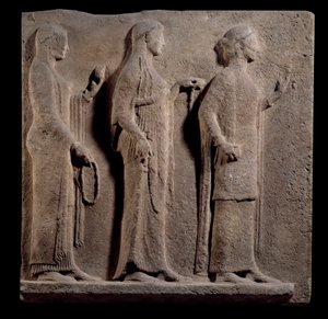 Grekisk konst: plakett över Teorernas passage: ansikte som representerar nåderna. Låg marmorrelief från ön Thasos i Grekland. 480 f.Kr. Paris, Louvren av Greek