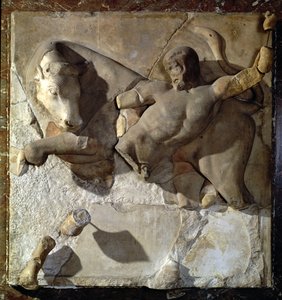Hercules Fighting the Cretan Bull, en av en serie av tolv metoper som skildrar Herkules arbete från Zeus tempel i Olympia, tidig klassisk period, c.470-457 f.Kr. (Parisk marmor)