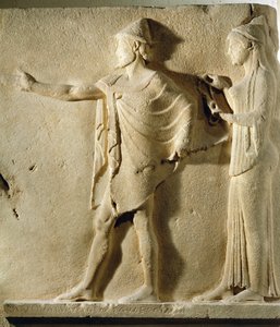 Hermes agoraios och en välgörenhet, relief från Teorernas Passage, från Thasos, ca 470 f.Kr. (marmor) (se även 346624)