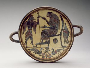 Lakonisk kylixbägare föreställande Zeus och Hermes, ca 550-530 f.Kr. (lera) (se även 288296 och 288298) av Greek