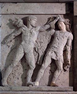 Magna graecia: metop med herakles och amazon, stenrelief, 500-talet f.Kr. av Greek