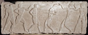 Marmorreliefstrumpor av en begravningskouros som representerar sex idrottare. 510 -500 f.Kr. Från Akropolis Aten. Nationalmuseet för arkeologi, Aten av Greek