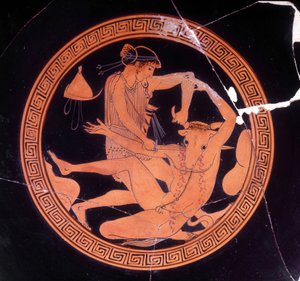 Minotaurus dödad av Thesee - grekisk vas som förvaras på Museo Archeologico de Firenze. Interiör av pentikkoppen med röda figurer, målare av Dokimasia. 480 f.Kr. (Minotauro) av Greek