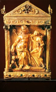 Naiskos med Dionysos berusad och satyr, litet tempel i hellenistisk stil med granater och smaragder från Thessalien, 2:a århundradet f.Kr. (guld) av Greek