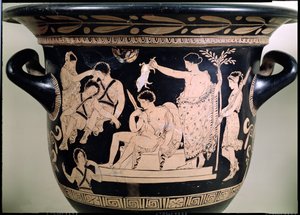 Orestes som suppliant vid Apollons helgedom i Delphi, detalj från en krater med röd figur i Attic, tillskriven den apuliska Eumenides-målarens keramikdetalj från 92567 av Greek