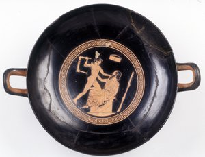 Målning på snitt: Representation av Heraklés som viftar med en stol för att slå ut sin musikmästare, 470 f.Kr. BNF, Medaljbyrå. av Greek