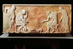 Stele föreställande slagsmål mellan hund och katt, 510 f.Kr. (relief) av Greek